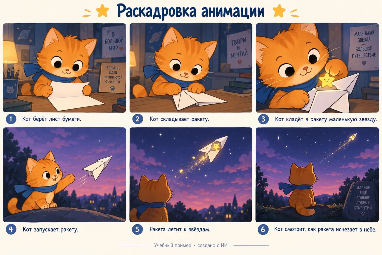 Учебная раскадровка: кот складывает и запускает бумажную ракету