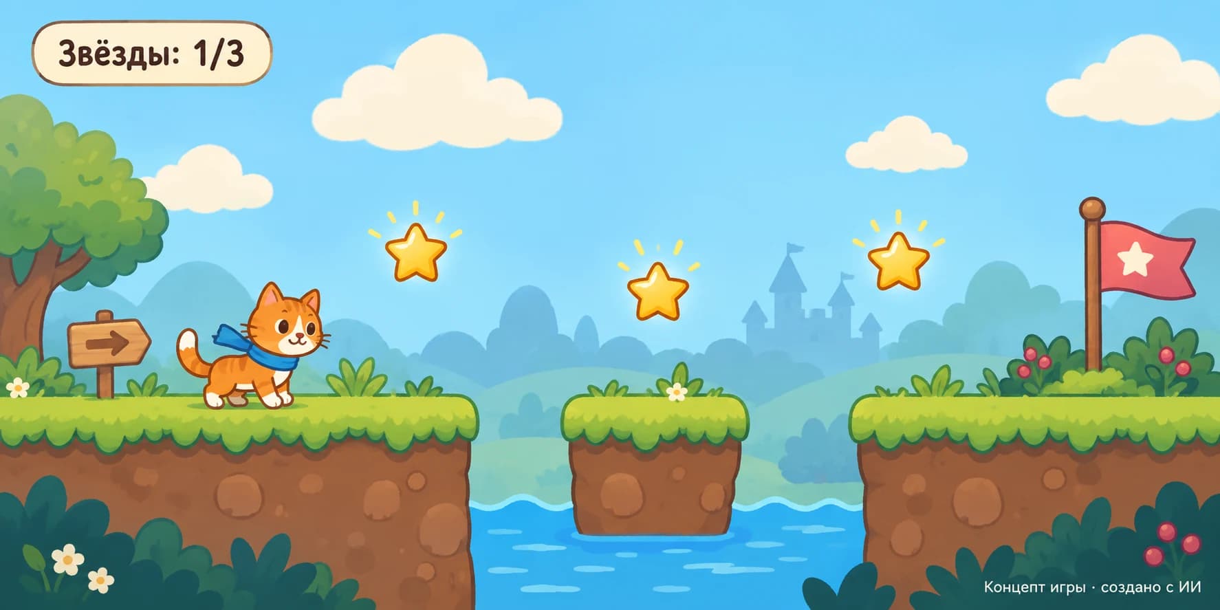 Концепт игры: кот собирает звёзды на платформах